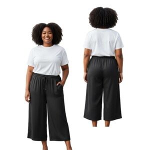Black Crop Pull On Satin Pant 2X Plus Size Wide Straight leg
